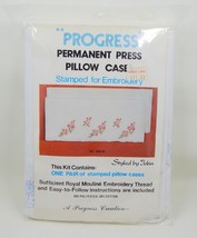 Progress Stamped For Embroidery Pillowcase Pair Thread Instructions Pink Flowers - £10.29 GBP