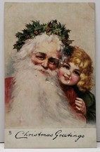 Old World Santa with Holly Crown and Girl Christmas Tuck c1910 Postcard F13 - £13.43 GBP