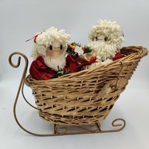 Vintage Santa Clause &amp; Mrs Clause Dolls In Christmas Sleigh Wicker Basket Decor - $32.08