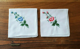 Vintage Set of 2 White w/ Blue &amp; Pink Greenery Embroirded Floral Handkerchiefs - £11.70 GBP