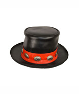 Men Black Leather Mad Hatter Top Hat with Red Stripe and Conchos - $2,411.59 MXN