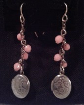 Vintage Embossed Silver Tone Locket Earrings with Pink Lucite Beads - $2.95