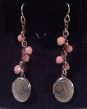 Vintage Embossed Silver Tone Locket Earrings with Pink Lucite Beads - £2.21 GBP