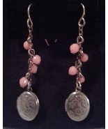 Vintage Embossed Silver Tone Locket Earrings with Pink Lucite Beads - £2.35 GBP