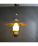 Vintage Wrought Iron & Copper Hanging Lantern Light Fixture – Rustic Amber Glass - $148.50