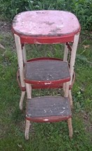 MCM Vintage RED Cosco Kitchen Step Stool Chair Pull Out Steps Mid Centur... - $140.24
