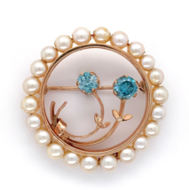 Retro 14k Yellow Gold Cultured Pearl and Blue Zircon Circle Pin Jewelry (#J6247) - £413.24 GBP