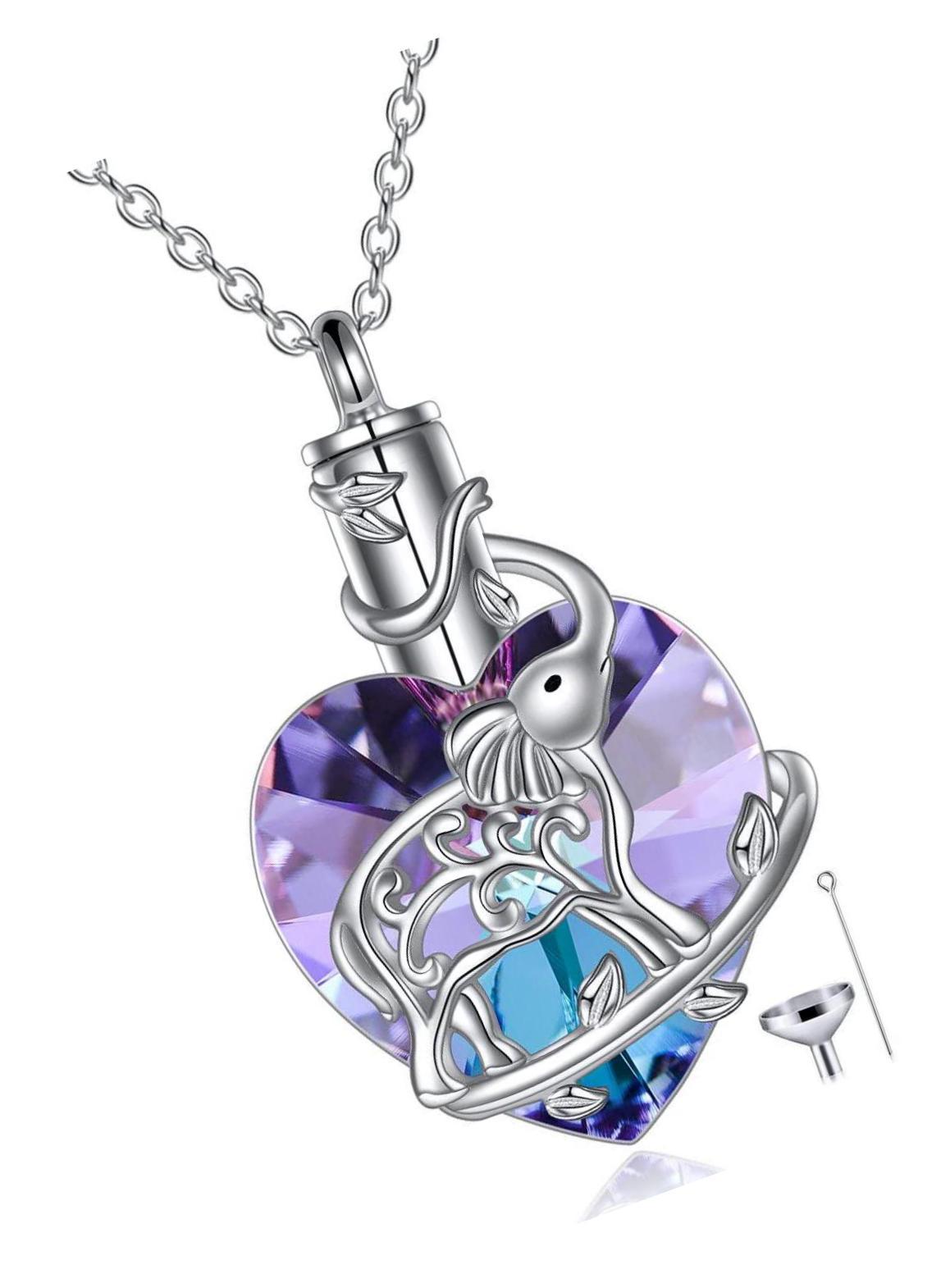 Elephant Heart Crystal Urn Necklace for Ashes Cremation Jewelry Sterling... - $158.75