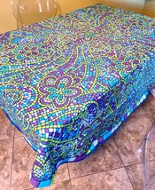 Vintage Mod 60s Tablecloth 72&quot; Oval Blue Green Mosaic Tile L.L. Stearns ... - $48.51