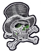 Skull &amp; Crossbones With Top Hat And Green Eyes Iron On  Patch 3&quot; x 4&quot; - £5.58 GBP