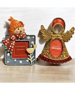 Vintage Christmas Ornaments Metal Picture Frame Lot Of 2 Angel and Snowman - £14.69 GBP