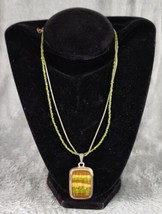 KC Necklace Womens Gold Amber Green Silver Tone Pendant Retro Beaded Chain - $25.73