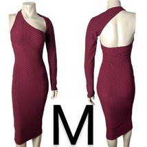 Burgundy Honeycomb Textured One Shoulder Long Sleeve Cut Out Midi Dress~Size M - £29.71 GBP