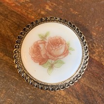 VTG Western Germany White &amp; Pink Porcelain Rose Round Floral Brooch Pin Scarf - £12.33 GBP