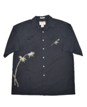 Bamboo Cay Shirt Mens L Hawaiian Button Up Palm Leaf Embroidered Black Resort - £19.21 GBP