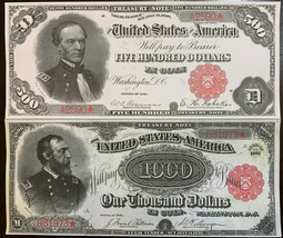 Reproduction Copy Pair 1891 Civil War Generals $500 &amp; $1000 Treasury Notes USA - £11.18 GBP