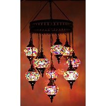 LaModaHome Mosaic Chandelier Set 9 Globe, Handmade Authentic Tiffany Lighting Mo - £156.87 GBP