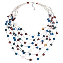 Blue Elegance Coco Palm Wood and  Seashell Circles  Multi-Strand  Necklace - £11.36 GBP