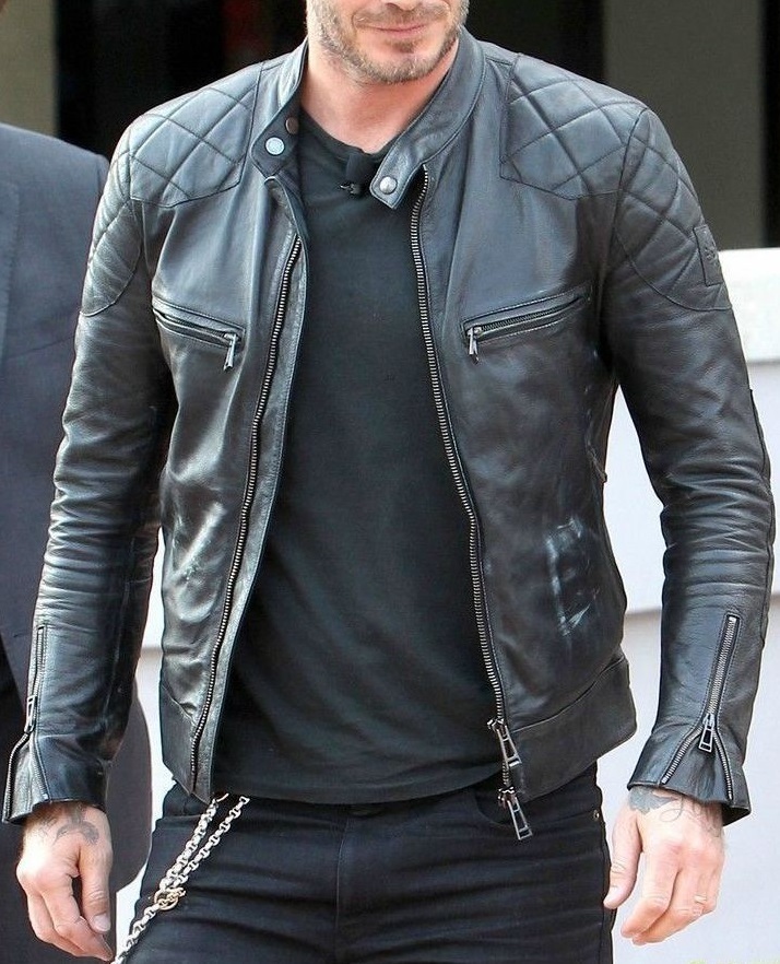 David Beckham Men Black Motorcycle Biker Quilted Real Genuine Leather Jacket
