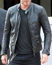 David Beckham Men Black Motorcycle Biker Quilted Real Genuine Leather Jacket - £114.74 GBP