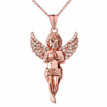 14k Solid Rose Gold Angel CZ Religious Pendant Necklace - £259.69 GBP+