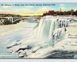 American Falls In Winter From Goat Island Niagara Falls  NY Linen Postca... - $2.92