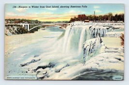 American Falls In Winter From Goat Island Niagara Falls  NY Linen Postcard M14 - £2.28 GBP