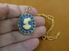 CA30-150) RARE African American LADY white + blue CAMEO brass pendant necklace - £22.79 GBP