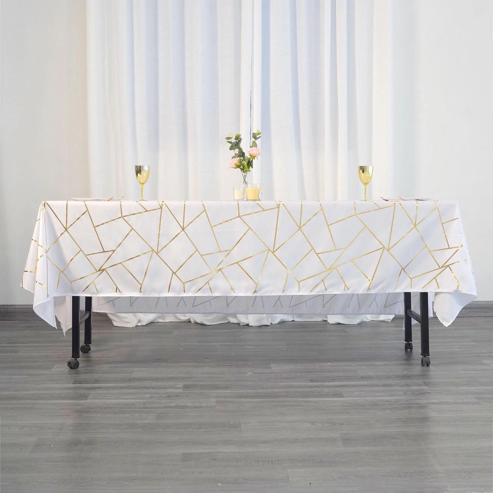 White - 60&quot;X102&quot; Tablecloth Polyester Rectangular Gold Foil Geometric - £23.95 GBP