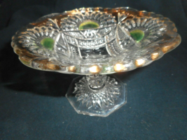 Pressed Glass EAPG Floral Pedestal Footed Compote Bowl Gold Trim Green Accented - £18.95 GBP