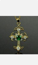 1.5Ct Round Green Simulated Emerald Diamond Cross Pendant 14K Yellow Gol... - £96.83 GBP