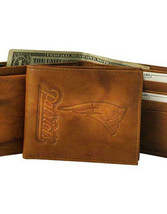 NFL New England Patriots Embossed Brown Genuine Leather Billfold Wallet - £19.46 GBP