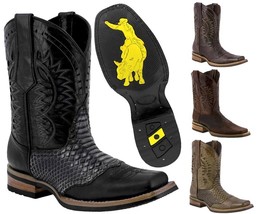 Mens Python Print Rodeo Cowboy Boots Genuine Leather Western Square Toe Botas - £79.92 GBP