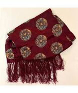 Vintage Burgundy Silk Brocade Runner Scarf With Fringe Dragon &amp; Longevit... - $23.99