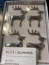 Glitz + Glimmer Set Of Four (4) Christmas Reindeer Napkin Rings New Silver - £26.26 GBP