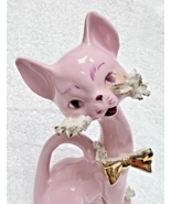 Mid-Century Pink Cat Kitten Spaghetti Whiskers &amp; Toes Gold Bowtie 5.5&quot; Tall - $33.35 CAD