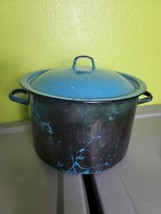 Vintage Enamelware Stock Pot Large Turquoise Lid Farmhouse Rustic Camping - $48.99