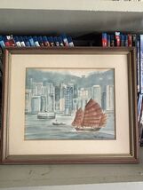 Vintage Art By Tik Ling Hong Kong Junk Boat And Cityscape - $39.45
