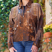 Women&#39;s Warrior Jacket Handmade Buffalo Bones with Fringed 100% Genuine Leather - £81.00 GBP+