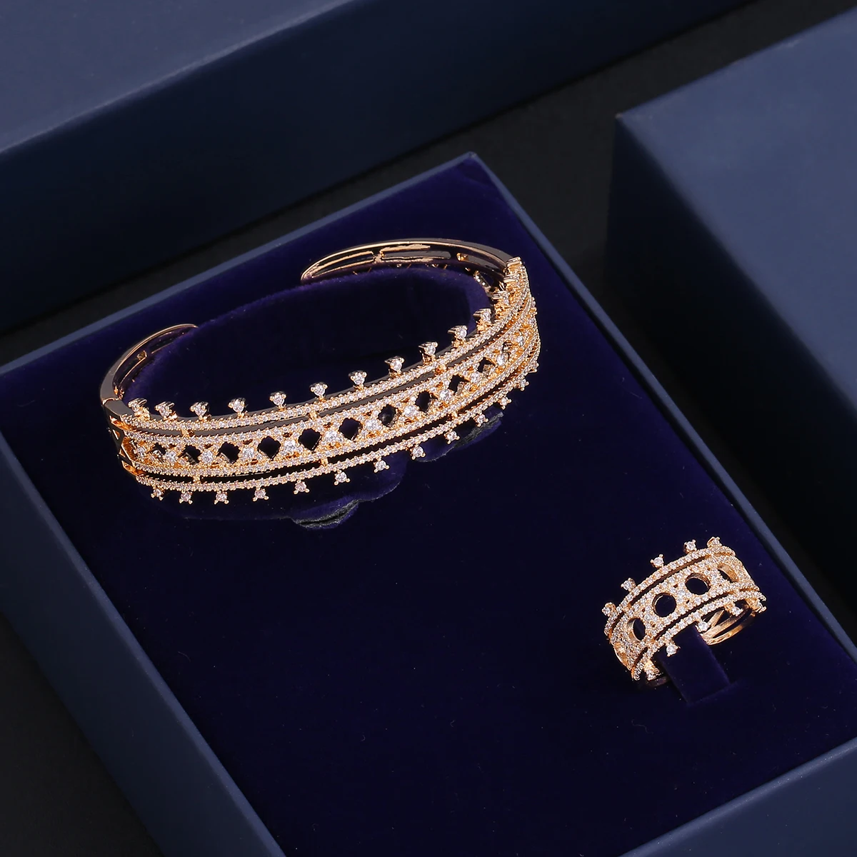 Fashion Unique Zircon Baguette Bracelet &amp; Ring Geometic Hollow Out Design Cuff B - £55.68 GBP