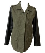 Sans Souci Jacket Green With Black Faux Leather Sleeve Hidden Buttons Wo... - $23.88