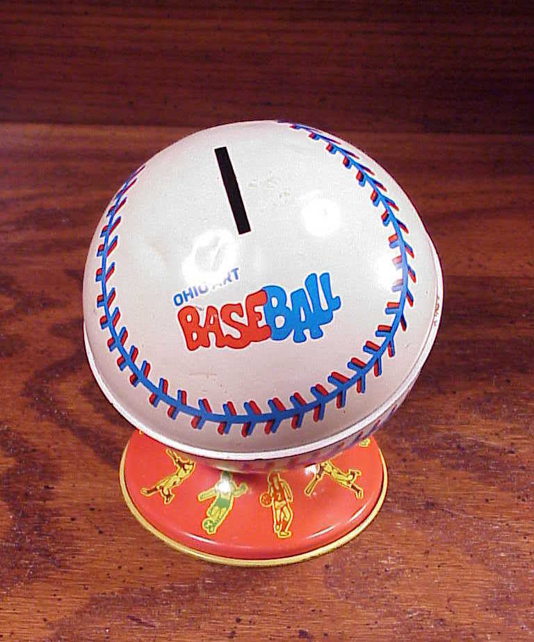 Baseball Globe Type Metal Bank, Ohio Art,.3811178, with stopper - $8.95