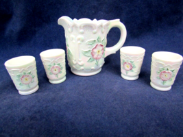 Fenton Mini 5 pc. Water Pitcher Set Iridized Milk Glass Hand Painted 2000 - £137.03 GBP