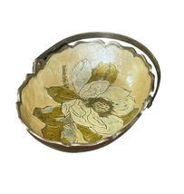 Vintage Brass Enamel Floral Basket Dish Bowl w Handle 5.25" Hammered Trinket image 2