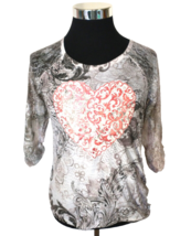 Style &amp; Co Tee Juniors Size Small Pullover Gray Paisley Copper Heart Lace Sleeve - £11.01 GBP