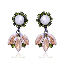 Imitation Pearl Stud Earrings 3 Leaves Crystal Rhinestone Decoration Earrings Ch - £6.51 GBP
