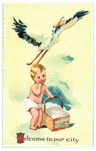 Expecting Baby Welcome To Our City Blessings Stork &amp; Basket Embossed Postcard - £11.17 GBP