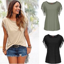 Casual Top - Fringed Short Sleeves - £21.54 GBP