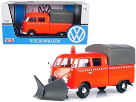 Volkswagen Type 2 (T1) Pickup Truck Orange with Snow Plow and Camper Shell 1/24 - £29.68 GBP