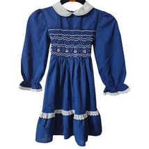 Princess Anne Size 5 Hand Smocked Blue Cherry Dress Vintage - $18.18